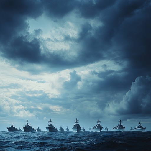 An orchestral composition paying tribute to the bravery and historical significance of the russian navy, melding traditional russian melodies with military march dynamics in a grand, heroic fashion.