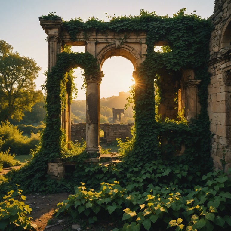 As the sun sets, casting a warm amber glow over the ancient ruins, a symphonic rock piece emerges, intertwining the powerful blasts of orchestral brass with the deep, electrifying riffs of an electric guitar. This song captures the haunting beauty of forgotten civilizations and their whispered legacies carried by the wind, resonating through crumbling stones and overgrown paths. The composition starts with a soft, eerie melody that gradually builds into a majestic, empowering anthem as it seeks to revive the spirits of the past through its dynamic progressions.