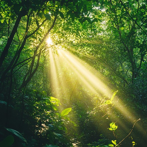 An instrumental symphonic piece evoking the calmness of a lush forest, with gentle melodies mimicking rustling leaves and soft winds