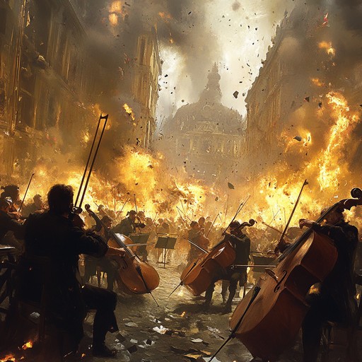 A baroque orchestral piece characterized by the aggressive interplay of strings and harpsichord. The composition captures the tumultuous energy and grandeur of historical battles, with dynamic shifts enhancing the overpowering intensity and drama.