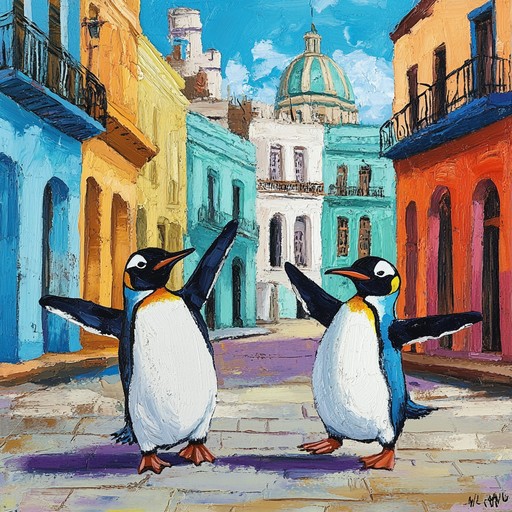 An instrumental mambo piece that captures whimsical imagery of penguins dancing through havana, blending lively rhythms with playful melodies to evoke joy and amusement