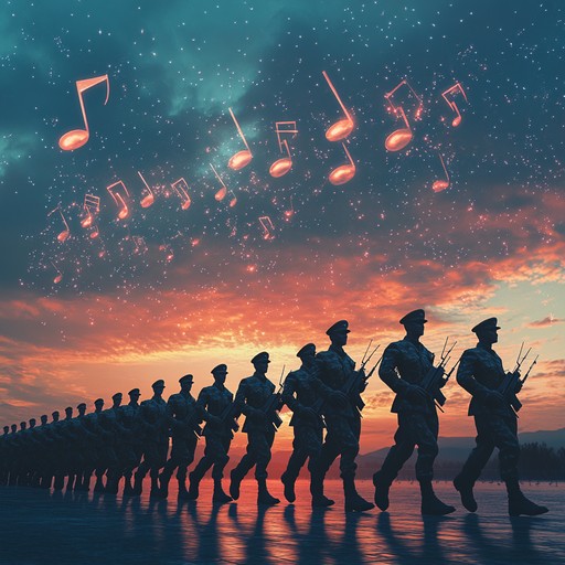 A powerful fusion of military brass and euphoric synthesizers that creates an uplifting, triumphant march. Imagine soldiers advancing with pride, their movements synchronized to a booming brass section, while ethereal electronic melodies soar above. The rhythm is steady, the energy high, reflecting both the disciplined coordination of a military parade and the ecstatic joy of victory.