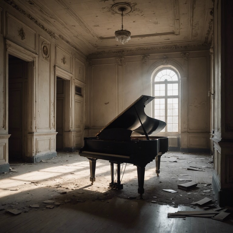 In a forgotten velvet draped theater, where echoes of a single piano piece weave through the still air, there exists an overwhelming sense of past dramatic glories and present solitude. This composition captures the poignant beauty of a once vibrant stage now silent.