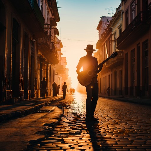 Experience a nostalgic journey through the streets of havana at dawn, where melancholic guitar melodies intertwine with traditional afro cuban rhythms to create a soulful and reflective atmosphere.