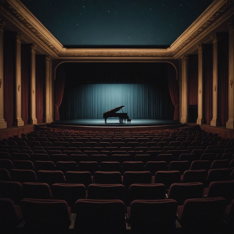 A lone pianist plays in an otherwise empty theatre, each note casting shadowy dances on the walls, as if memories themselves are stirring, responding to the nostalgic and haunting melody that fills the air with a chilling yet beautiful solitude.