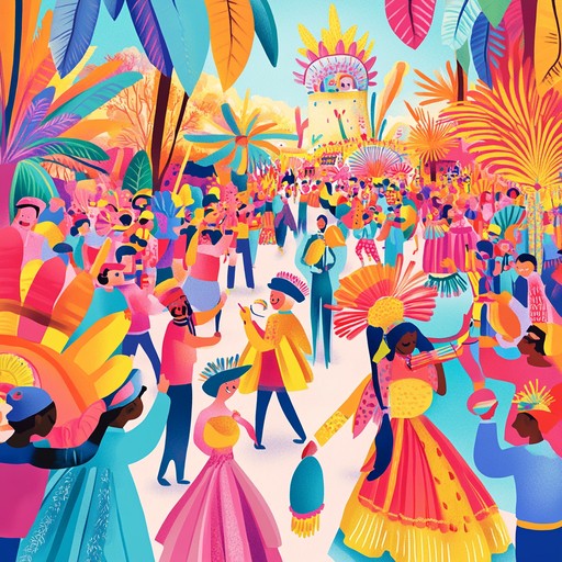 Feel the infectious spirit of a sunlit street carnival where salsa rhythms and lively brass soundtracks spontaneous dancing, radiating happiness and inspiration.