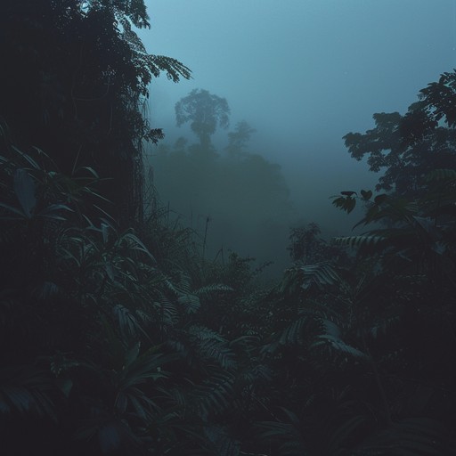 A blend of unnerving tropical sounds with mysterious whispers, combining haunting steel drum melodies with a sinister undertone, creating an atmosphere of dread and suspense in a jungle setting