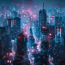 joyful synth beats pulsating through a futuristic neon city.