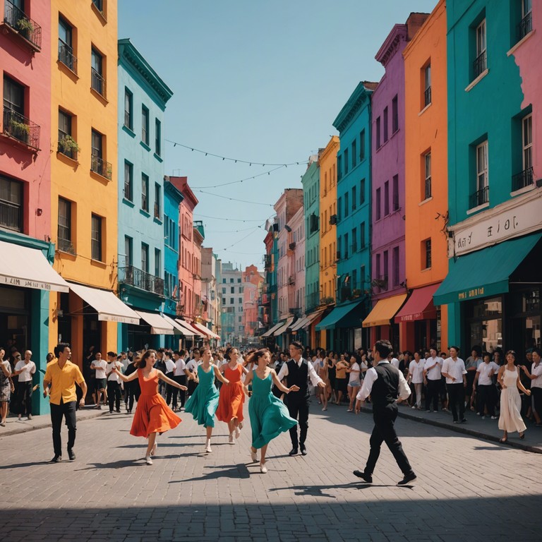 Imagine a warm, sunlit day with dancers moving rhythmically on a lively street, the music echoing the bustling energy of latin america, with bold trumpet solos and compelling rhythms creating an atmosphere of joy and celebration.