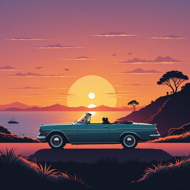 A lively cruisin' soundtrack for a sunset drive by the coast, scored with an energetic electric guitar and pulsating electronic beats, crafting a vibrant escape that amalgamates relaxed vibes with adrenaline.