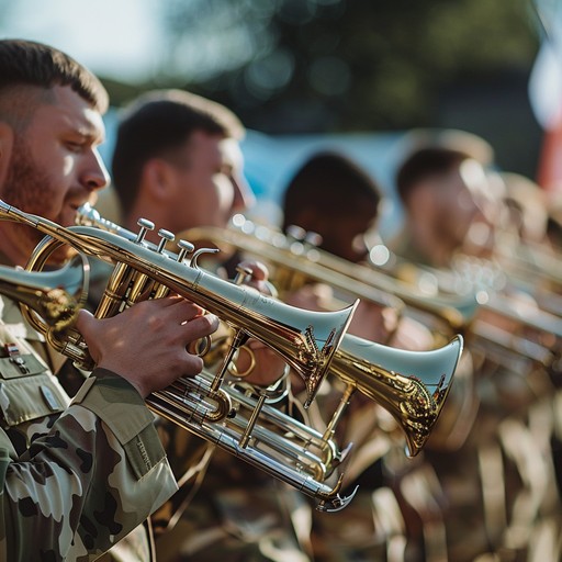 A powerful instrumental composition characterized by sharp drum patterns and radiant brass harmonies. This piece celebrates military strength with a contemporary flair, evoking imagery of soldiers marching in perfect synchronization, embodying the virtues of bravery and honor in every beat.