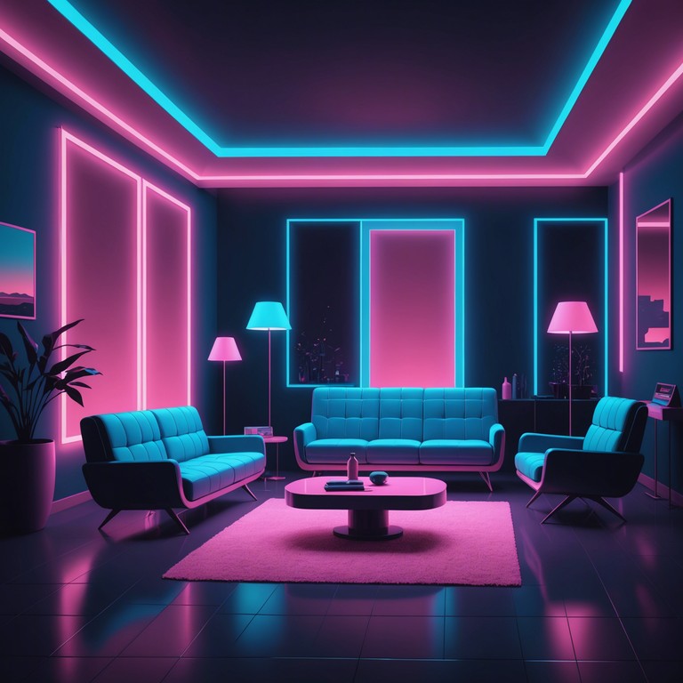 Imagine a lounge where every corner pulsates with a blend of erratic beats and smooth lounge melodies, creating an atmosphere that is both relaxing and unpredictable. The chaotic merging of sounds represents the fusion of tranquility and frenzy, embodying the nightlife of a futuristic neon lit city.