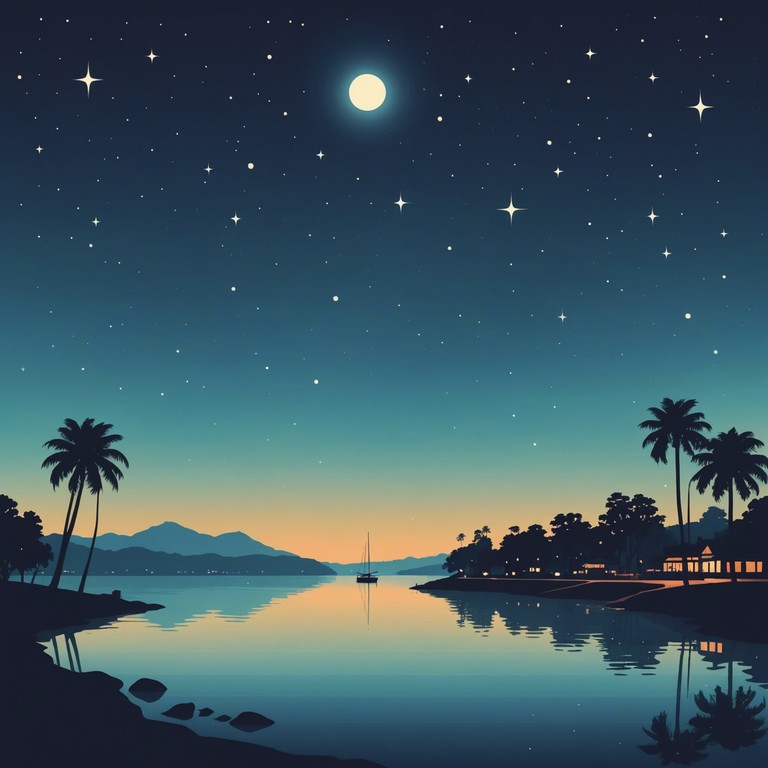 Imagine a serene waterfront under a galaxy of stars, where soft, gentle dancepop rhythms play from inconspicuous speakers hidden beneath the sands. The music is driven by a mellifluous electric piano that crafts a dreamy, almost whisper like melody, cascading over subtle synthetic beats, perfect for a peaceful night by the sea.