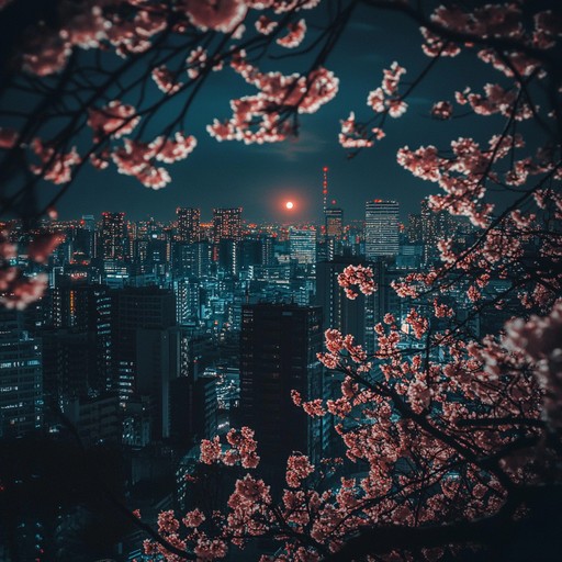 An instrumental track blending soothing electronic melodies with the delicate sounds of the koto, evoking a serene midnight stroll under blooming sakura trees.