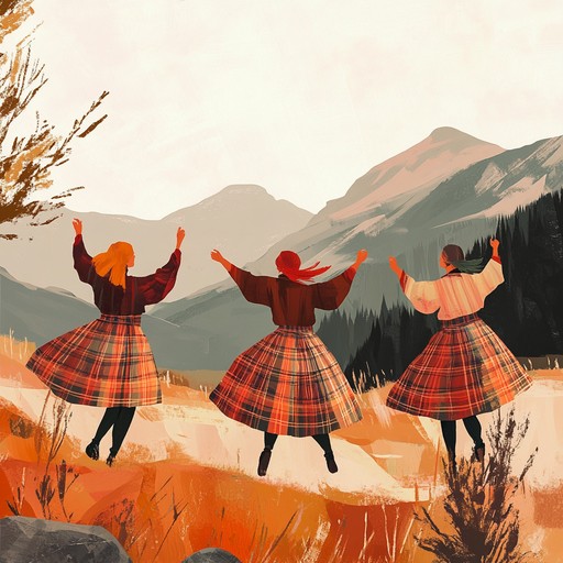 This composition captures the vibrant spirit of scottish highland dances. The central focus is on energetic bagpipes accompanied by rhythmic drums and lively fiddle melodies. It evokes images of festive gatherings in the scottish countryside, where people joyously dance in traditional attire.