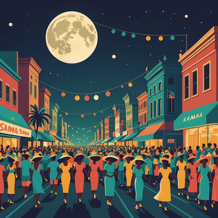 Imagine a scene of vibrant festivity as the full moon casts its silver light over a pulsating samba parade. The music captures the electric energy of a carnival blended with the mysterious allure of a nocturnal celebration.