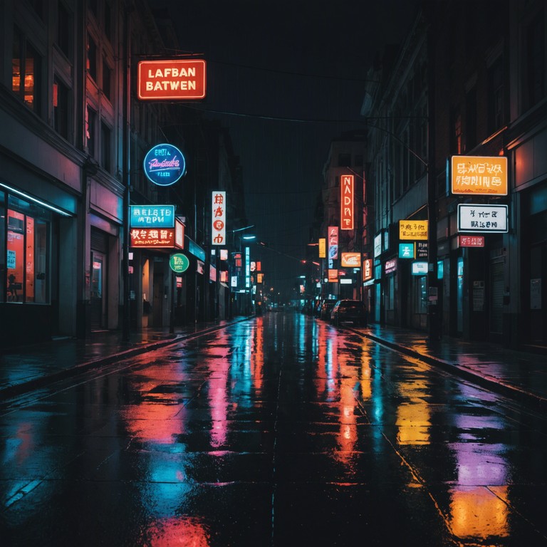 A brooding, rhythmic piece that captures the ambiance of a city at night under a light drizzle, enhanced by the reflective, somewhat melancholic ambiance of illuminated cityscapes and quiet urban buzz. The track would include a distinct bass line playing through with intermittent soft breakbeats, capturing the vibe of the evening's solitude and introspection.