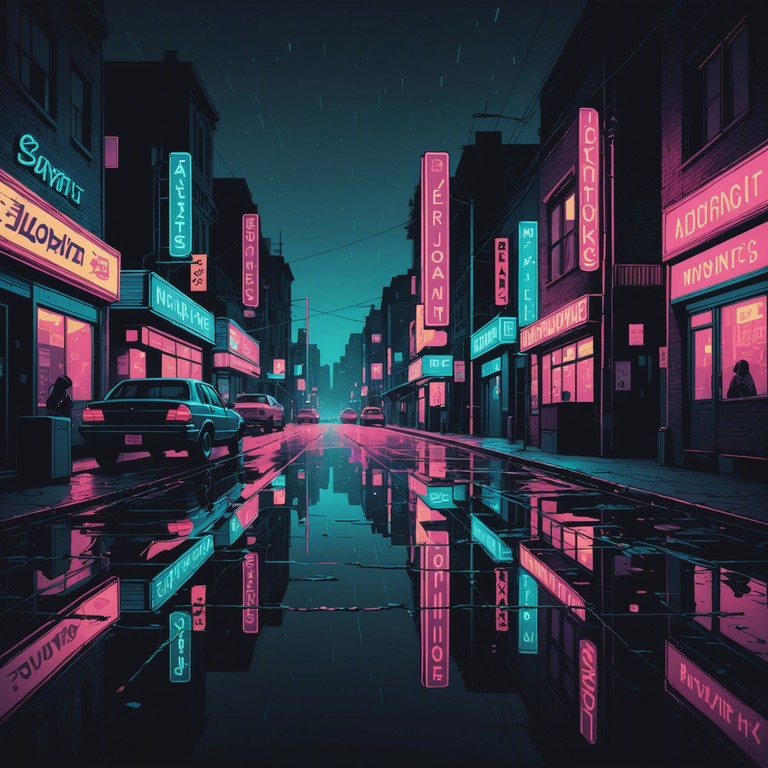 A somber journey through deserted urban streets, glossy with rain and reflecting flickering neon signs, led by ghostly synth sounds. This track layers electronic tones to evoke both allure and lurking danger in a cybernetic realm.