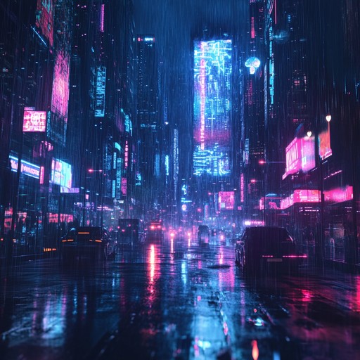 Dive into a dystopian future with pulsating electronic beats, layered under eerie and enigmatic synth waves. The composition paints a vivid picture of a neon lit, rain soaked cyberpunk metropolis where shadows and secrets dwell amidst towering holographic advertisements and dark alleys. The interplay of light and darkness, modernity and decay, encapsulates the essence of a gritty, tech dominated world.