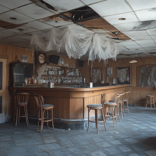 Compose an instrumental track that fuses elements of eerie, ghostly atmospheres with the smooth yet unsettling tones of a classic lounge. Picture an old, abandoned bar where the shadows dance, and the air feels thick with the presence of spirits. The sound should be both chilling and minimal, creating an eerie ambiance in an otherwise cozy setting.