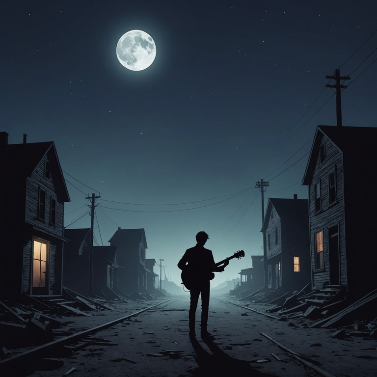 In the heart of a sleepless town, under a full moon's light, the sound of a mysterious, solitary guitar wanders through deserted streets. Its blues rhythms mingle with the eerie essence of nightfall, creating a haunting ambiance that feels both ancient and alarmingly present. The music tells a tale of unresolved destinies and whispered secrets. The atmosphere is thick with suspense as the bluesy tones dance in the shadows.