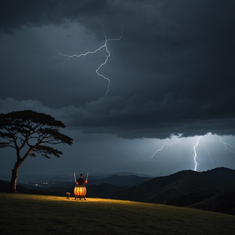 Imagine a soundscape where each thunderous beat mimics a storm, layering intense energy and bold rhythms that resonate with the raw power of nature. This track utilizes aggressive percussion to create an aura of unpredictability and formidable intensity, painting a sonic picture of nature's unbridled force during a midnight storm.