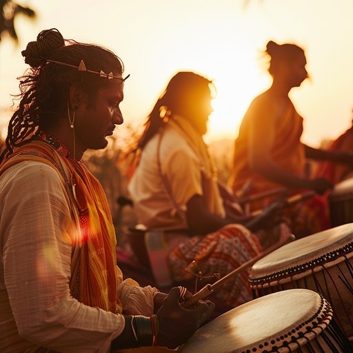 Immerse yourself in a vivid sunrise where the sounds of a sitar harmonize with lively drums and andean flutes. This uplifting composition symbolizes the joy of a global celebration, uniting different cultures' musical traditions in a harmonious and spirited festival of sound.