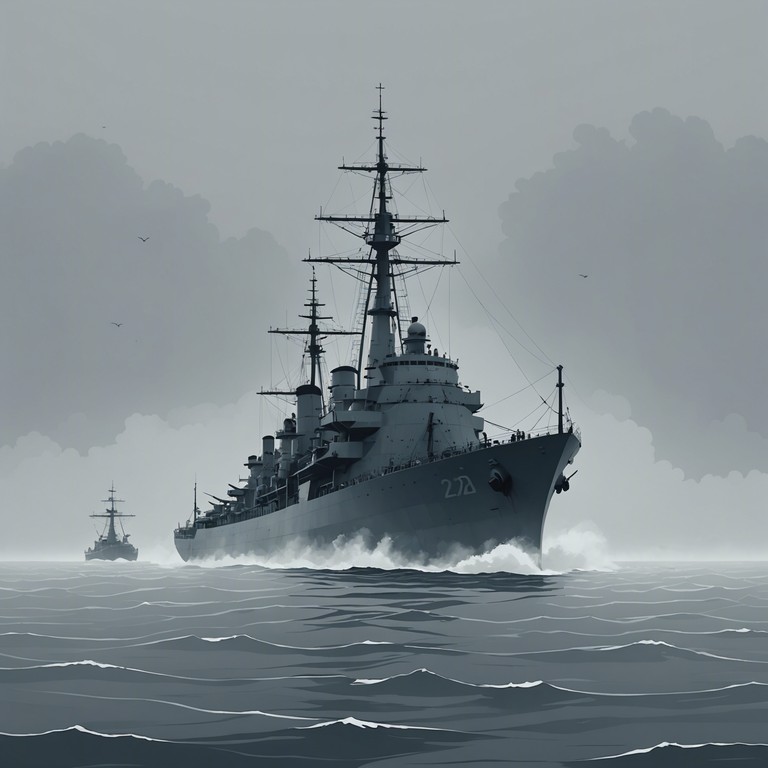 This composition encapsulates the essence of a tense, foggy evening aboard a russian naval vessel as sailors march with anxious anticipation of an unclear threat. The deep, resonating sounds of a balalaika create an atmospheric tension, reflecting the sailors' uneasy minds in the eerie calm of the stormy sea.