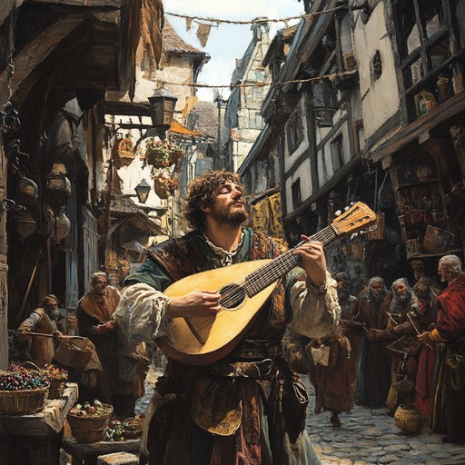 An erratic and energetic instrumental capturing a troubadour's chaotic performance in a crowded medieval marketplace.