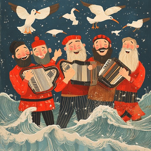 An upbeat instrumental blending russian folk melodies with sea shanty rhythms, capturing the light hearted antics of sailors aboard a ship.