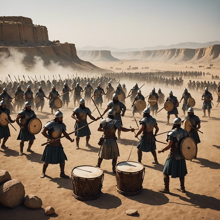 This track captures the essence of a battle reenactment, blending traditional south american cumbia rhythms with an aggressive tone to simulate the adrenaline of ancient warriors. The song features an overwhelming use of traditional percussion, accentuated by deep, resonant drum beats and rapid cymbal clashes that evoke the chaos and fervor of combat.