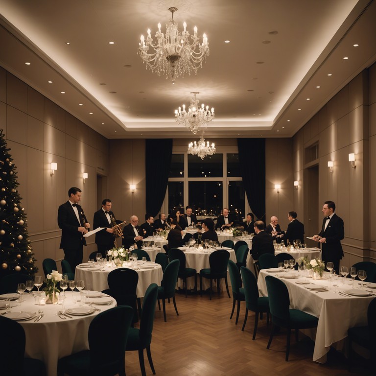 Imagine a softly lit room with shimmering decorations and a gathering of close friends and family, all brought together under the calming and joyful strains of a saxophone playing festive jazz tunes, providing the perfect backdrop to a night of warmth and laughter.