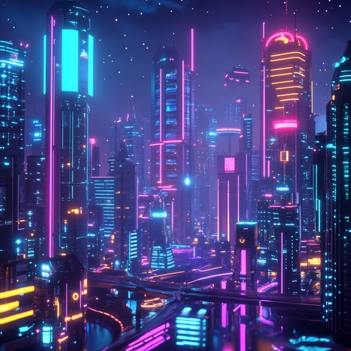 Immerse yourself in a futuristic cityscape with pulsating synths and cosmic vibes, evoking a neon lit metropolis at night, blending energetic rhythms with a sense of mystical allure