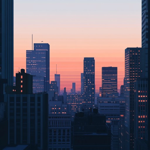 This alternative description takes the scene to the early dawn, with the first light casting glimmers on the skyscrapers. The same deep house beats play a slower, more contemplative rhythm, reflecting the city's transition from night to day.