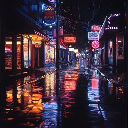 A chillstep track set against a backdrop of a softly lit, rainy city night, blending the soothing sounds of rain with electronic beats to create a mood of solitude and urban mystery. The song utilizes minimalist approaches and a deliberate slow pace to evoke the spirit of calmness enveloped by city vibes at night.