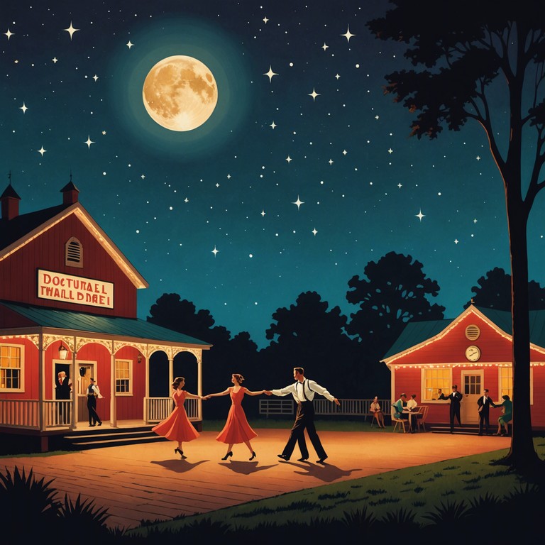 Imagine a clear night sky, the stars twinkling brightly as smooth, energetic swing rhythms capture the essence of a joyful, lively dance hall scene from the 1930s. The music is vibrant and full of life, making it impossible not to tap your feet. A saxophone leads the melody, providing a warm, rich sound that complements the swing rhythm perfectly
