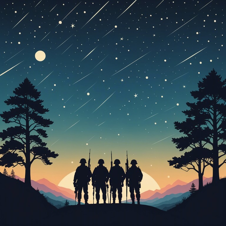 This composition blends soft, dreamy atmospheres with structured military rhythms, creating a surreal yet disciplined soundscape. The track weaves together ethereal synth layers and a steady, march like beat, evoking a sense of peace amid chaos. The reflective melody suggests soldiers contemplating under starlit skies, merging feelings of nostalgia with the haunting solitude of nocturnal vigilance.