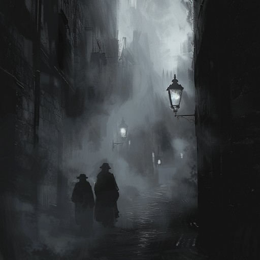 Picture a dimly lit alleyway at night, filled with swirling fog and shadowy figures. The music mirrors this atmosphere with eerie and suspenseful melodies, creating an immersive experience. Subtle dissonance and moody instrumentation build up the tension, evoking a sense of mystery and intrigue.