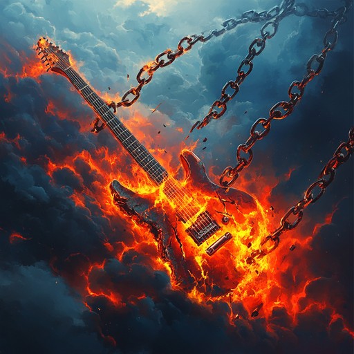 An aggressive, driving instrumental featuring heavy guitar riffs, thunderous drums, capturing raw power and energy of a raging storm.