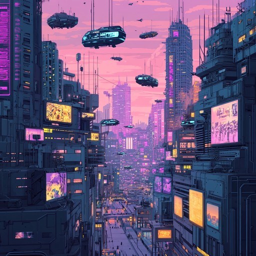 An electronic instrumental painting a sonic picture of a cyberpunk future, blending gentle synth melodies with ambient textures to evoke the feeling of wandering through neon lit streets and towering skyscrapers in a futuristic metropolis.