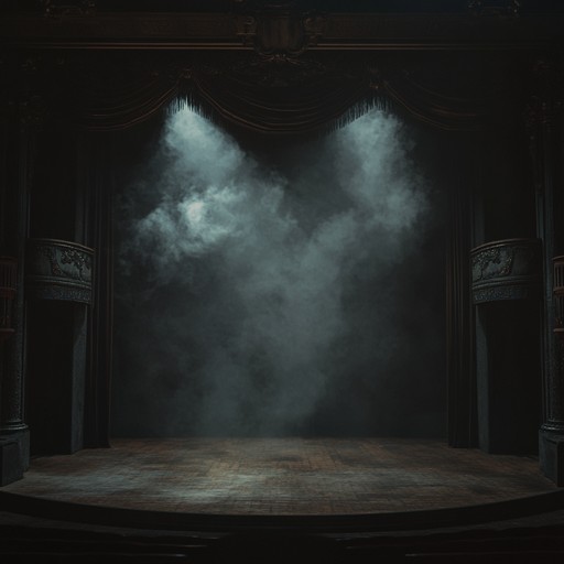 An instrumental piece combining sinister cabaret melodies with eerie atmospheric sounds, creating a haunted and enigmatic ambiance. The music should evoke the feeling of stepping into a shadowy, vintage theater where secrets and stories linger in the air, blending old world charm with unsettling modern textures.