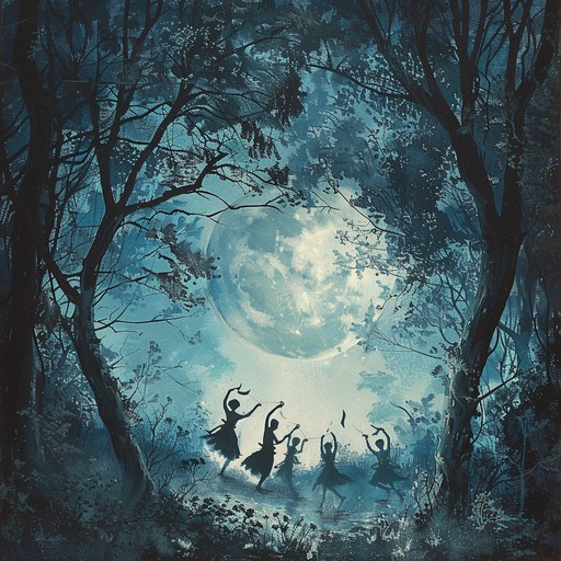 Invoke the aura of an ancient, enchanted forest with rhythmic stomping sounds, ethereal flutes, and swirling melodies. Create a sense of primal dance under moonlight, surrounded by whispering trees and magical creatures blending harmony and percussive beats.