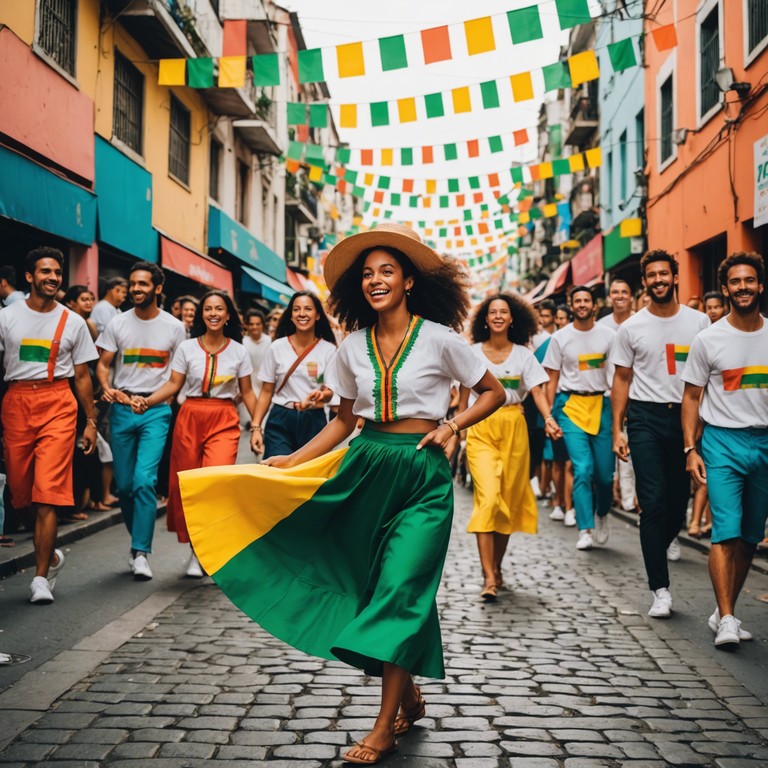 Envision a lively street festival in brazil, dancers swaying effortlessly with each strum of the guitar under the open blue skies, embodying the freedom and happiness of the local culture.