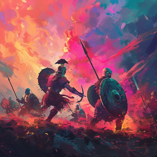 This track blends traditional instruments like taiko drums and electric guitars to create an intense fusion that transports listeners to an epic ancient battlefield, filled with reverberating war cries and the clash of warriors in combat.