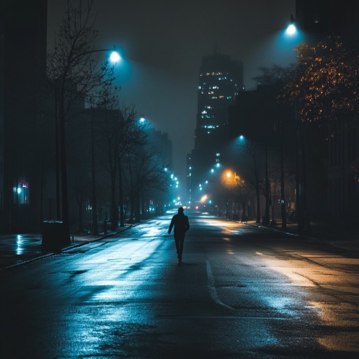 An instrumental blues rock piece that captures the feeling of wandering alone through empty streets at night, with haunting guitar melodies and a slow, steady rhythm.