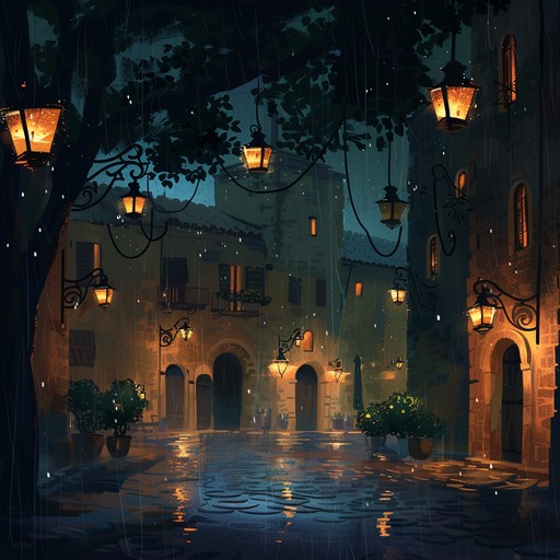 Gentle piano melodies merge with traditional samba rhythms, encapsulating the essence of a tranquil, rainy night in an empty city. Soft guitar strums and rain sound effects enhance the introspective mood, evoking feelings of solitude and quiet reflection.