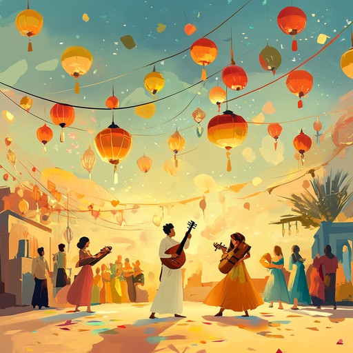 An energetic instrumental track that fuses traditional middle eastern melodies and instruments with contemporary upbeat rhythms, creating a vibrant and festive atmosphere that evokes the joy of a desert celebration