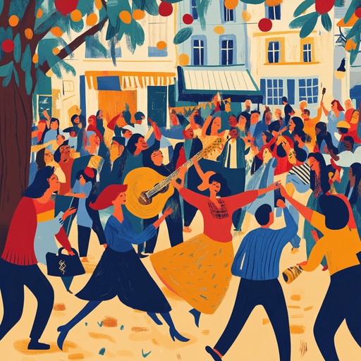 A vibrant instrumental klezmer track that brings to life the festive atmosphere of a lively street celebration, with spirited clarinet melodies and rhythmic accompaniment inspiring listeners to dance.