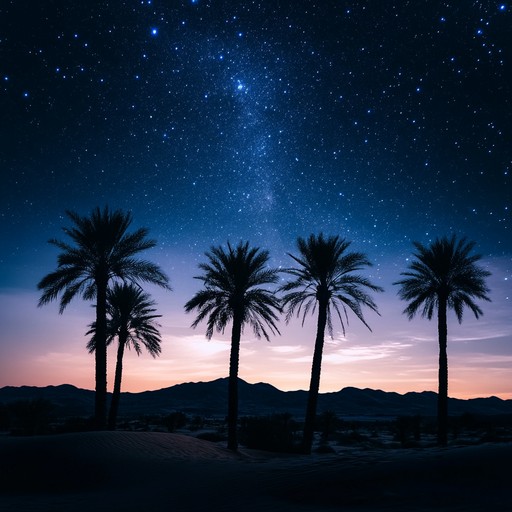 An instrumental track combining soothing chillwave textures with exotic percussive rhythms inspired by middle eastern desert landscapes, evoking a tranquil journey across an oasis under a starry sky.