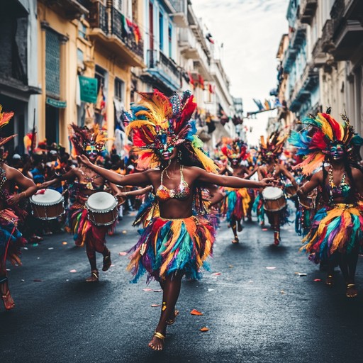 An uplifting track filled with lively percussion and vibrant melodies, encapsulating the joyful and exuberant atmosphere of a bustling carnival parade.